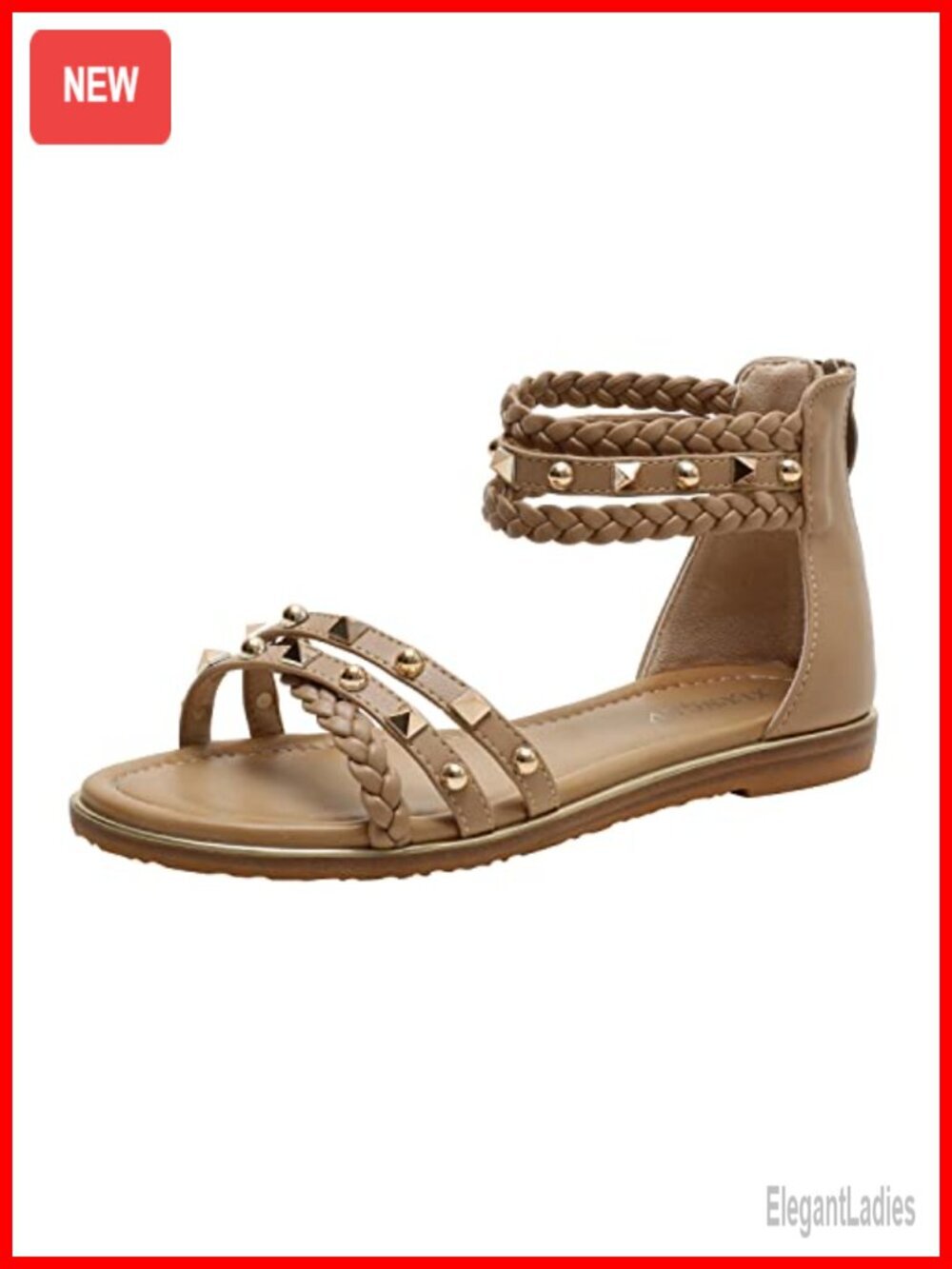 Studded Gladiator Sandals with Zipper, PU Leather Flats